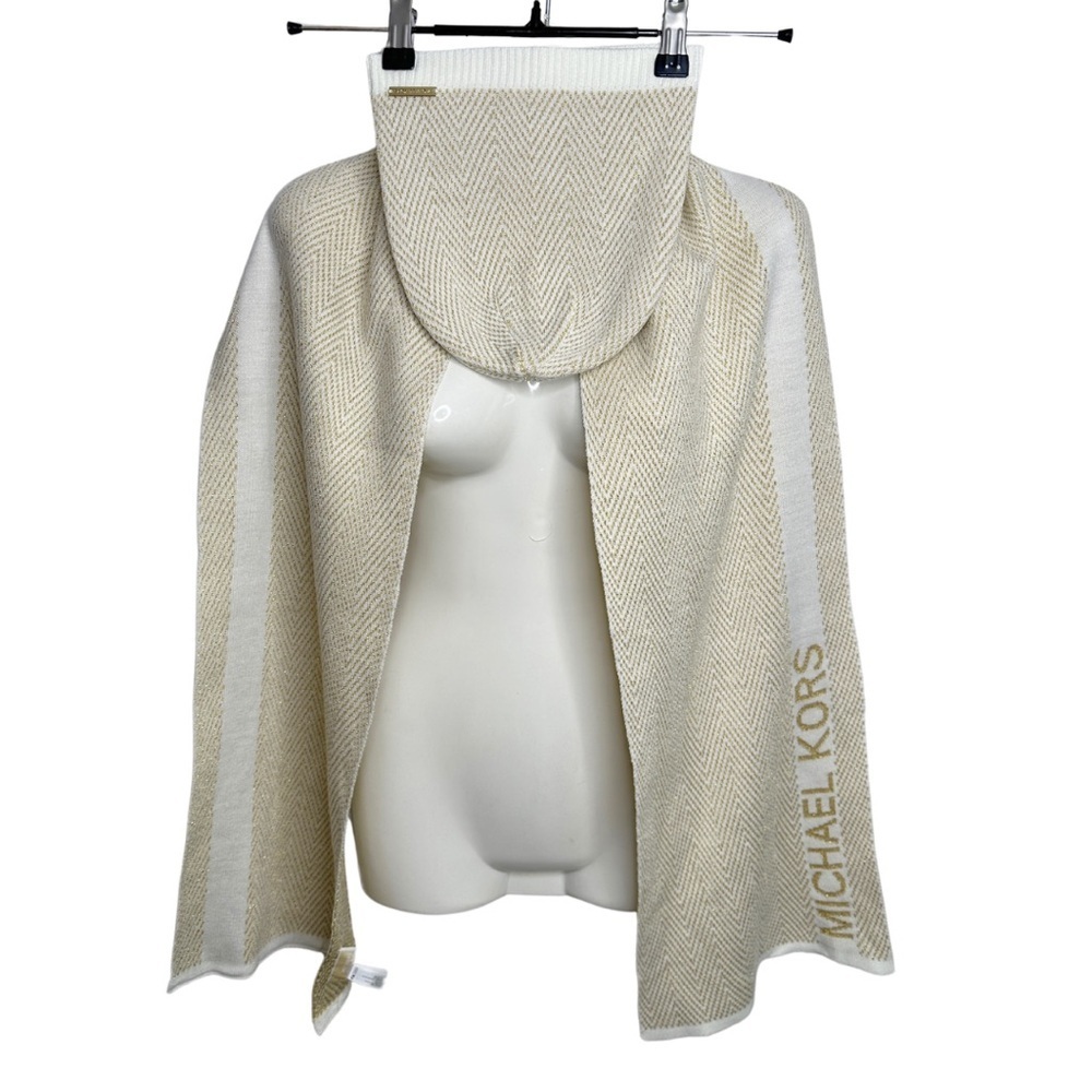 Michael Kors Hat Scarf Gift Set Knit Cream Glitter Metallic Gold MK NWT
